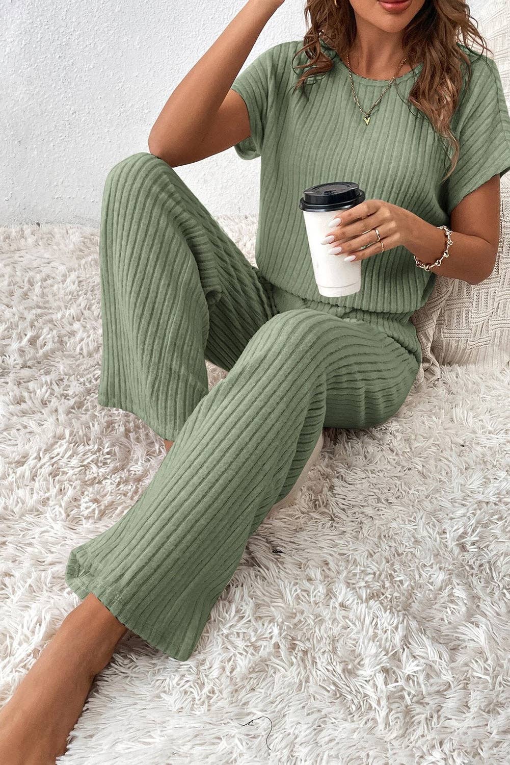 Solid Color Ribbed Short Sleeve Wide Leg Jumpsuit