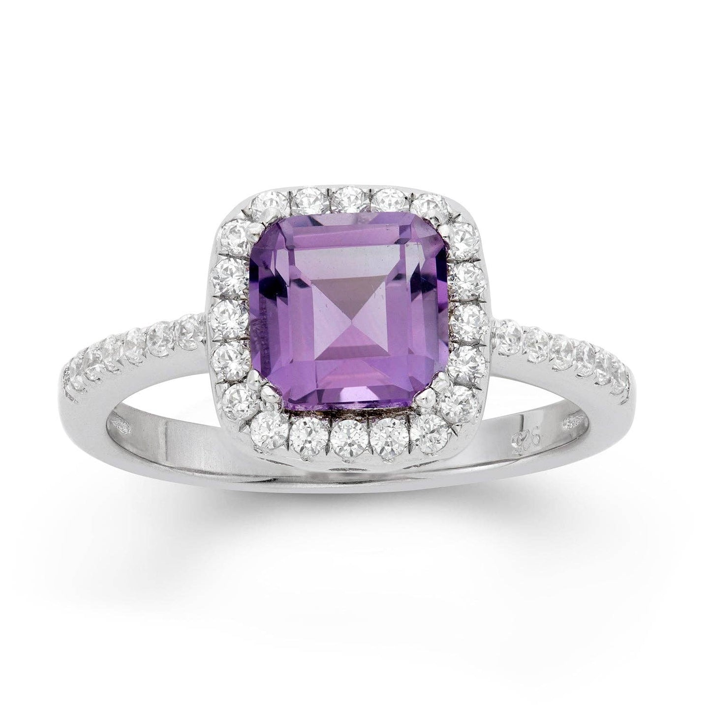 Sterling Silver Square Faceted Amethyst Ring w/Pave CZs