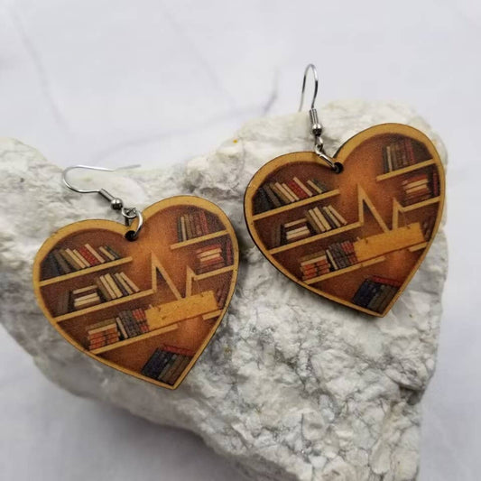 Wood Heart Bookshelf Reading Dangle Earrings