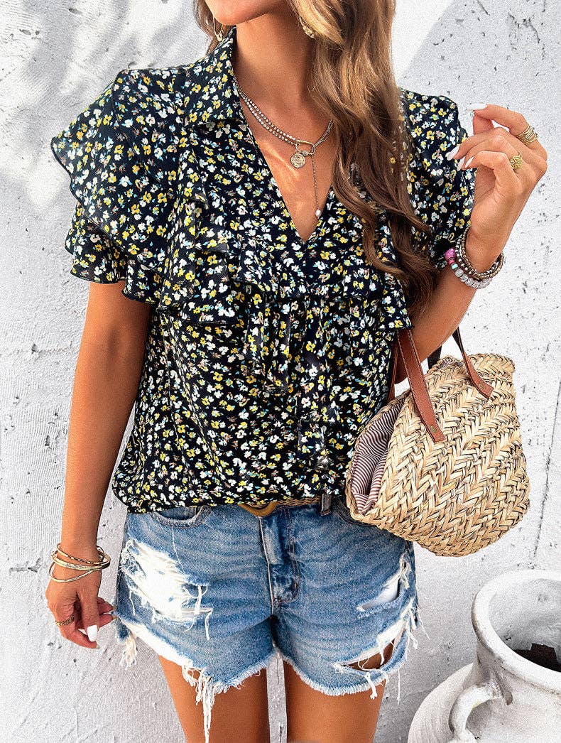 V-Neck Lace Short-Sleeved Top Loose Casual T-Shirt