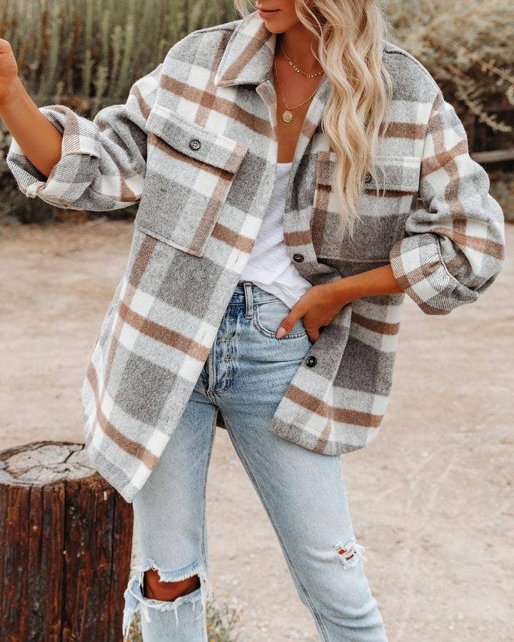 Women's Plaid Button Flannel Shirt Jacket