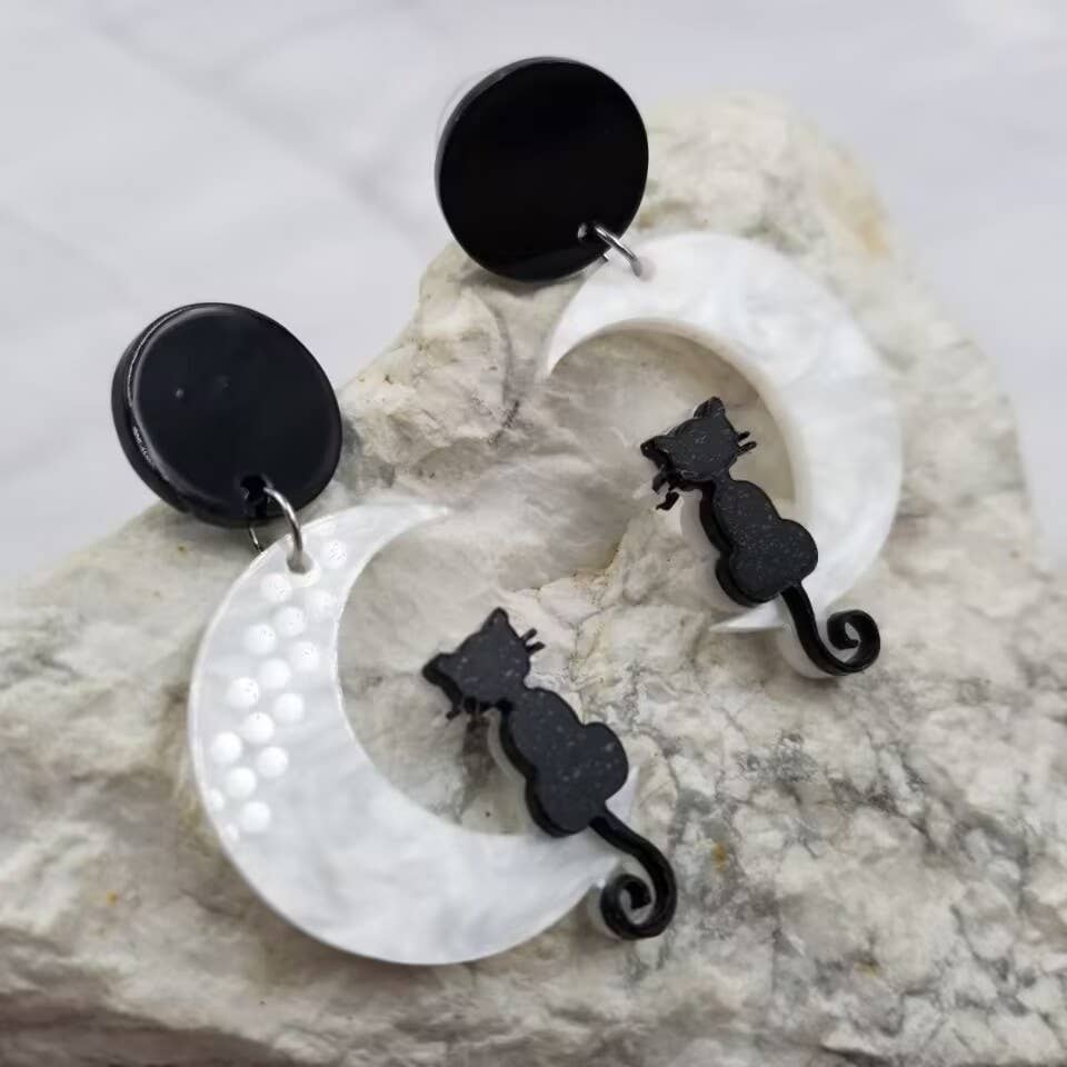 Black Cat on Moon Halloween Earrings