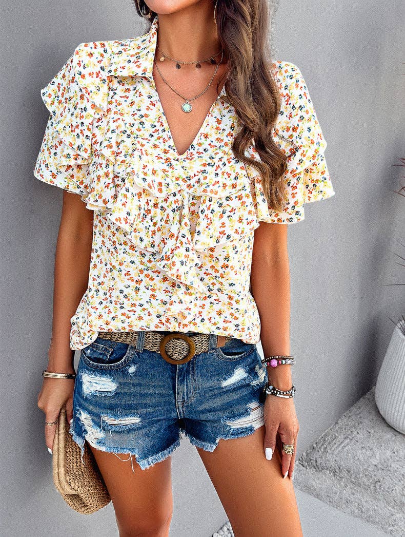 V-Neck Lace Short-Sleeved Top Loose Casual T-Shirt