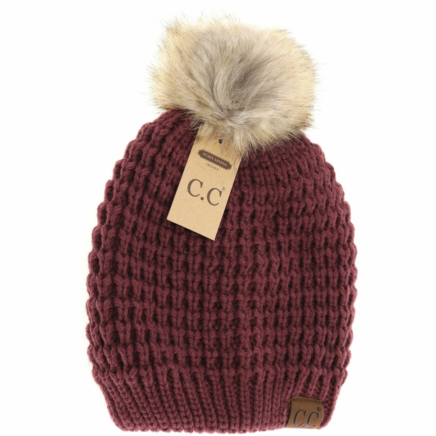 Solid Waffle Stitch Fur Pom C.C Beanie