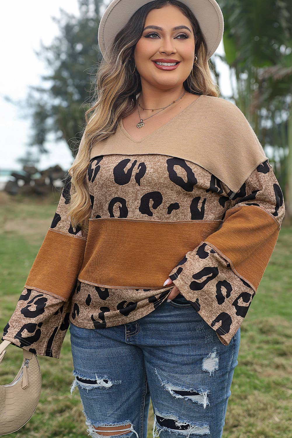 Beige Plus Size Leopard Colorblock Patchwork Wide Sleeve Top