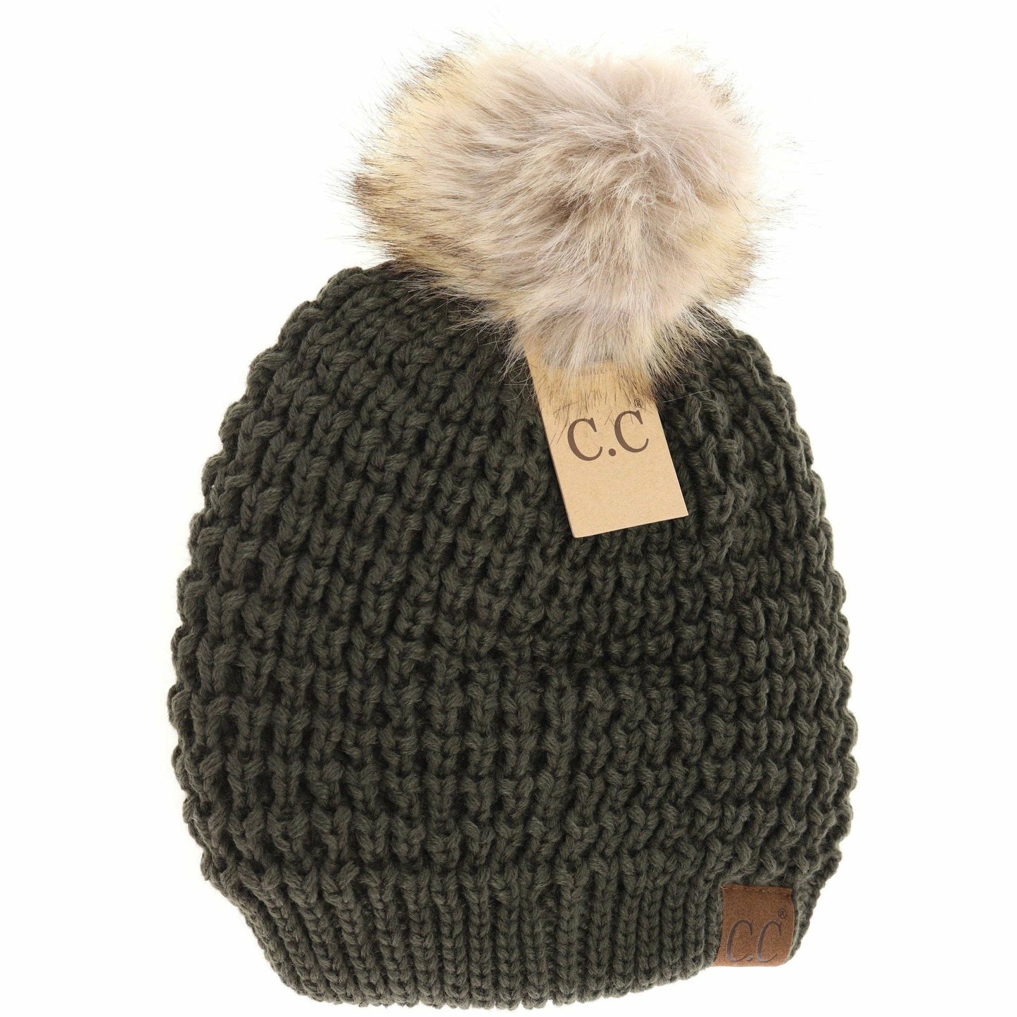 Solid Waffle Stitch Fur Pom C.C Beanie