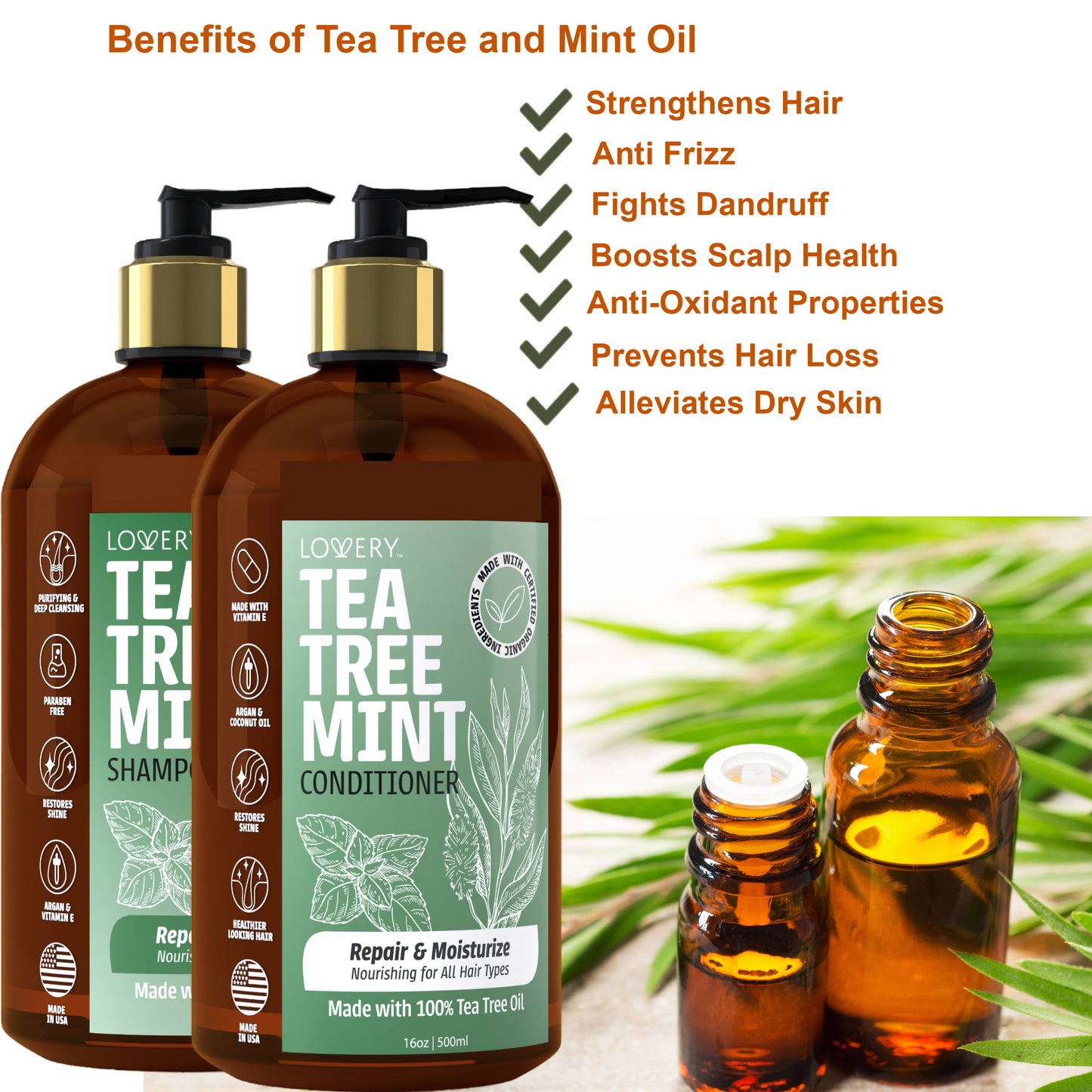 Tea Tree Mint Shampoo and Conditioner Gift Set, Made in USA,