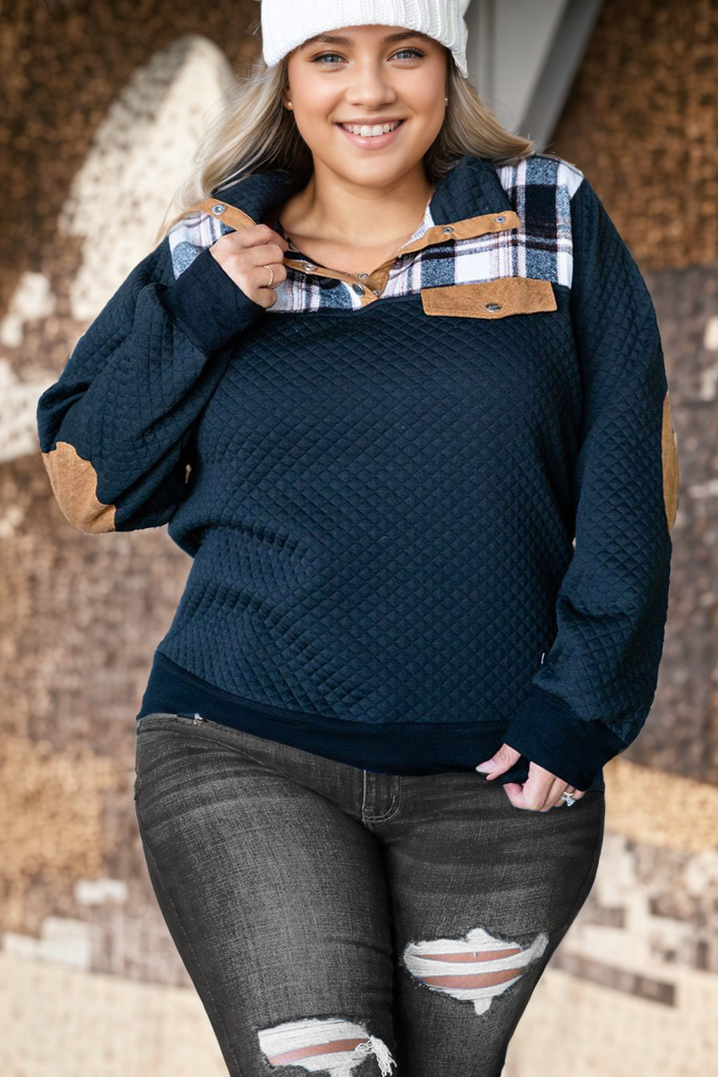 Black Plus Size Quilted Plaid Patch Henley Sweatshirt