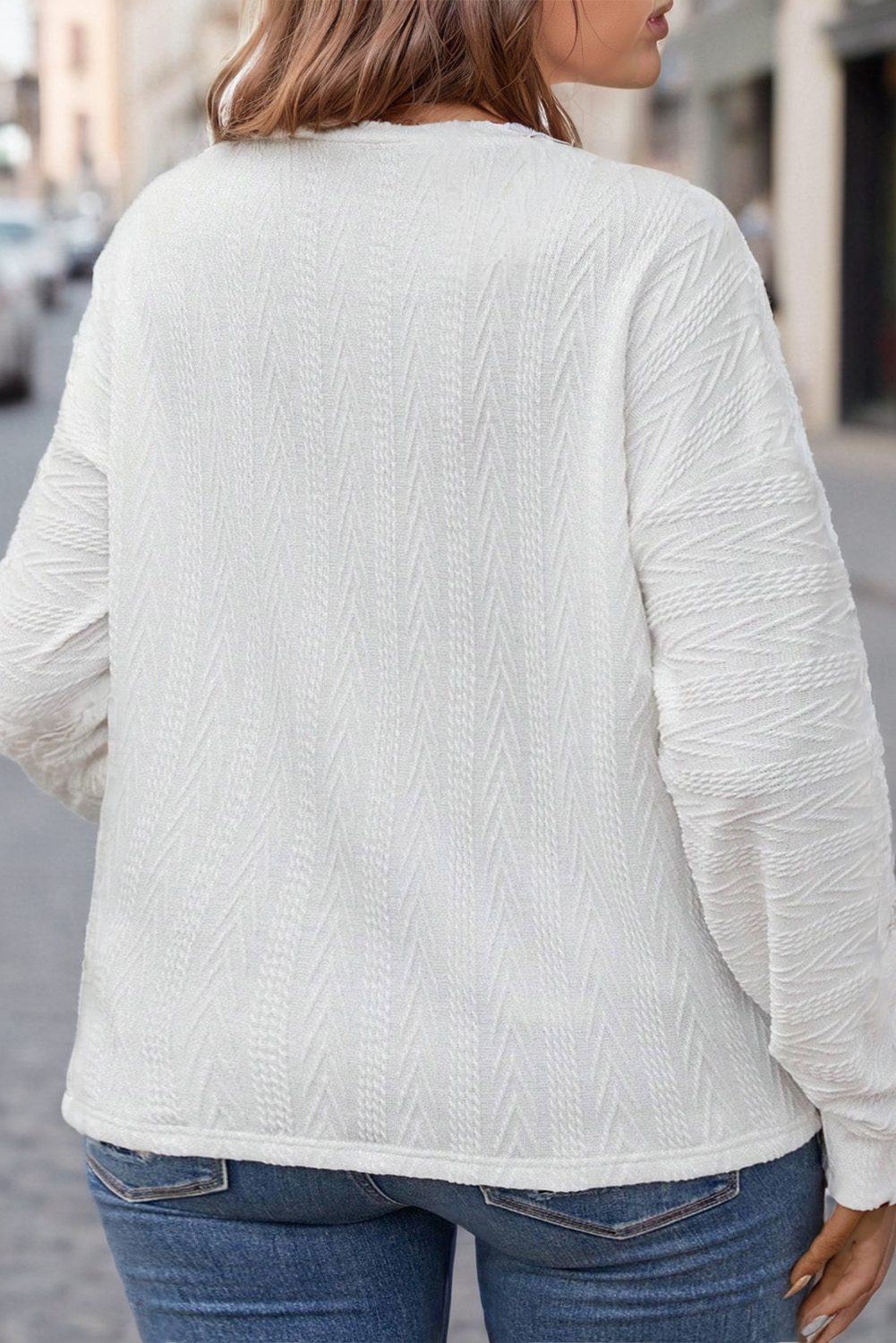 White Round Neck Drop Shoulder Textured Knit Top(S-XL)