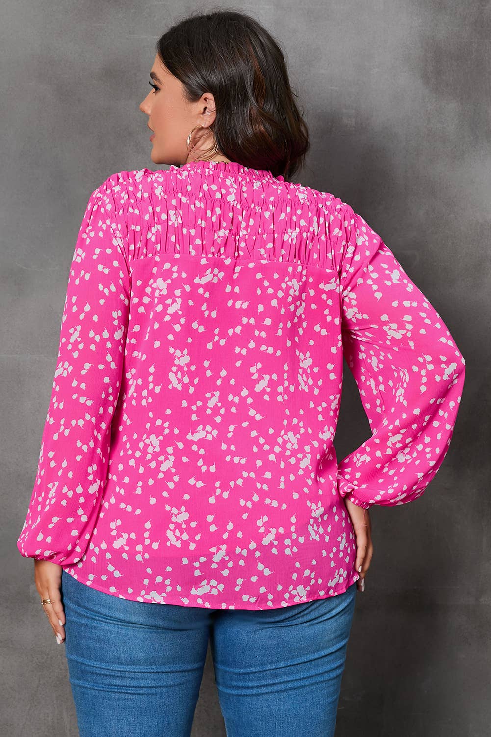 Bright Pink Plus Size Floral Print Ruched Split Neck Blouse