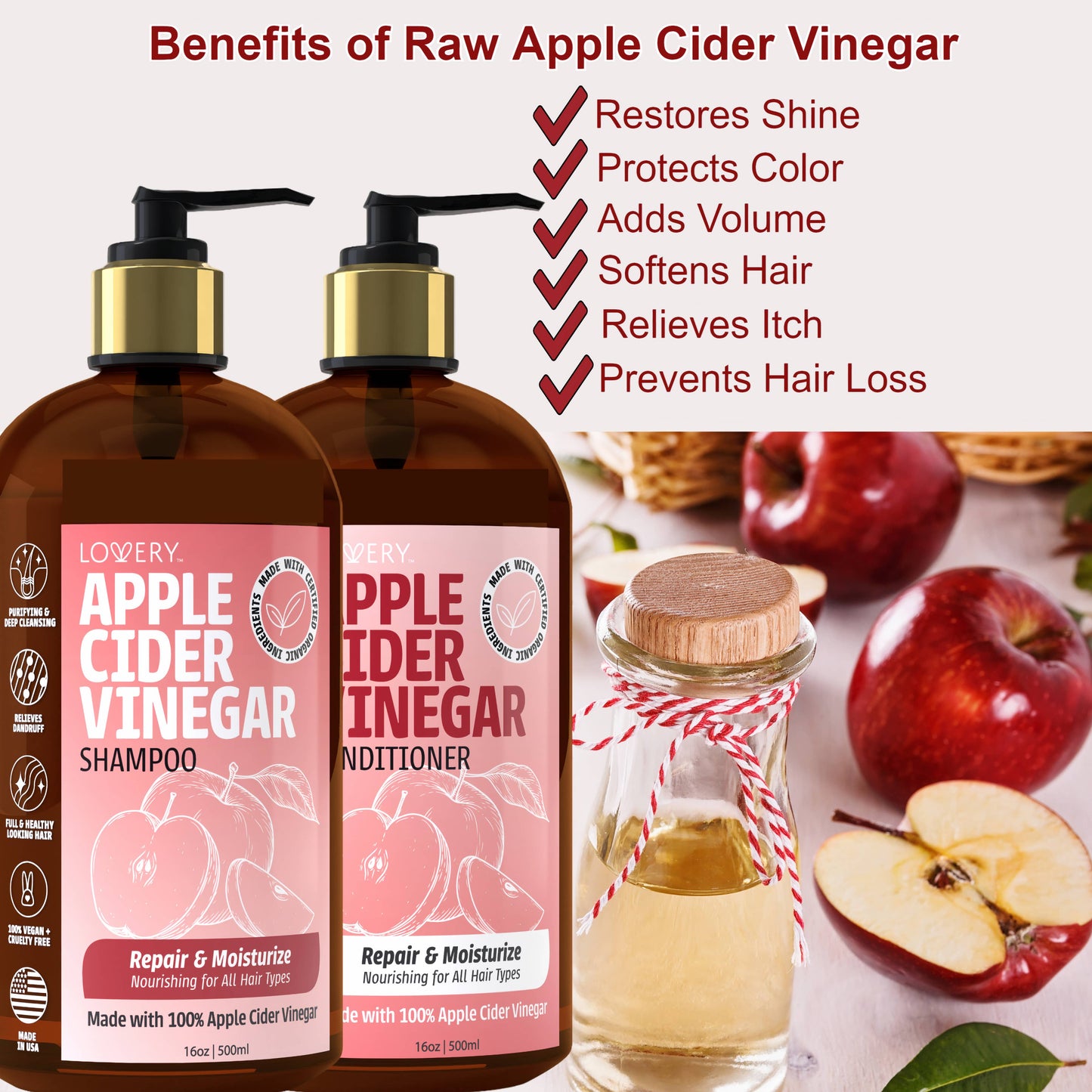 Apple Cider Vinegar Shampoo and Conditioner Gift Set, 32 oz