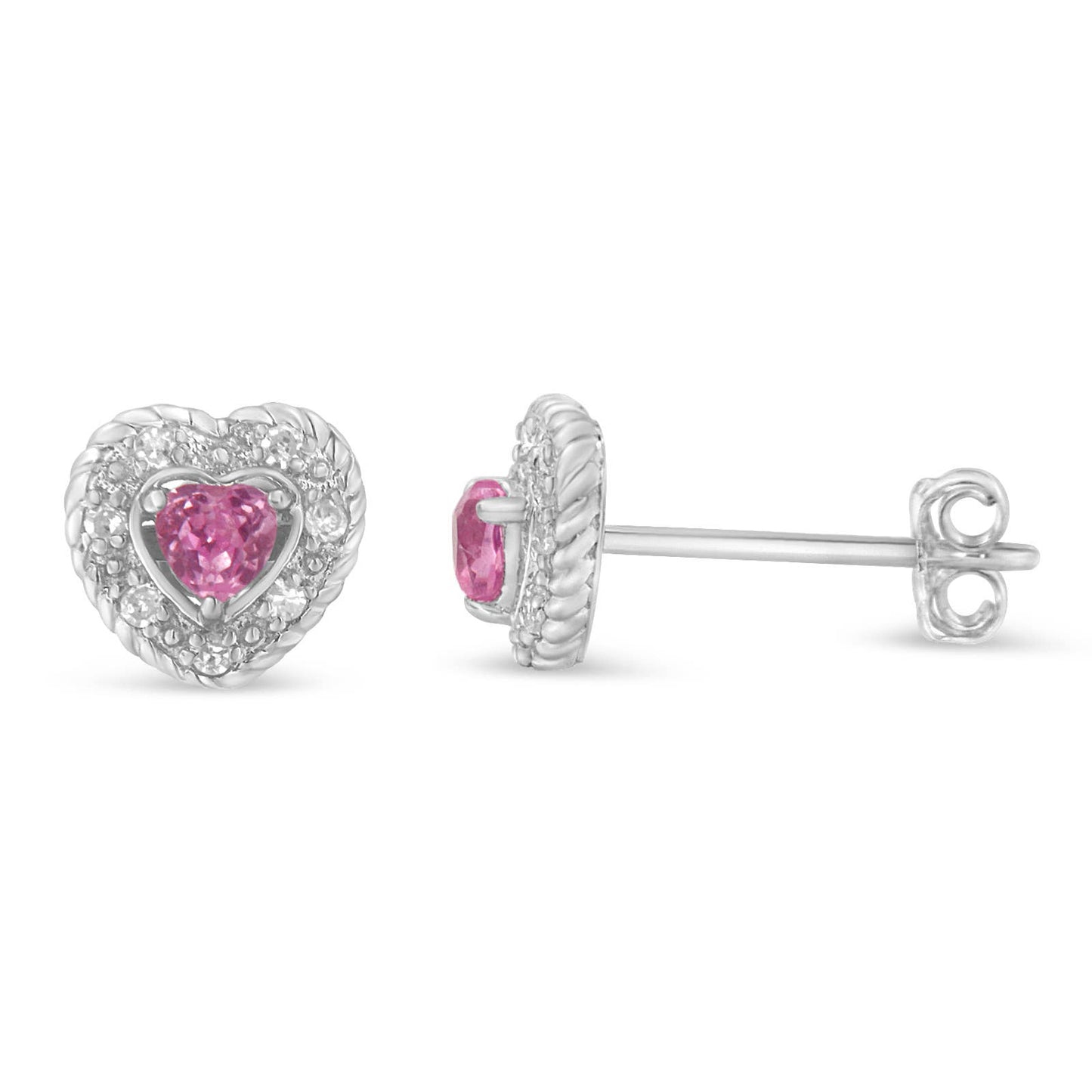 Sterling Silver Pink Sapphire & Diamond Heart Stud Earrings