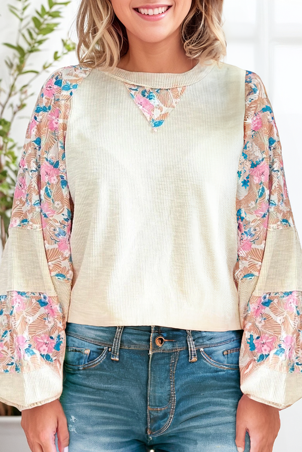 Textured Floral Balloon Sleeve Blouse (S-4X)