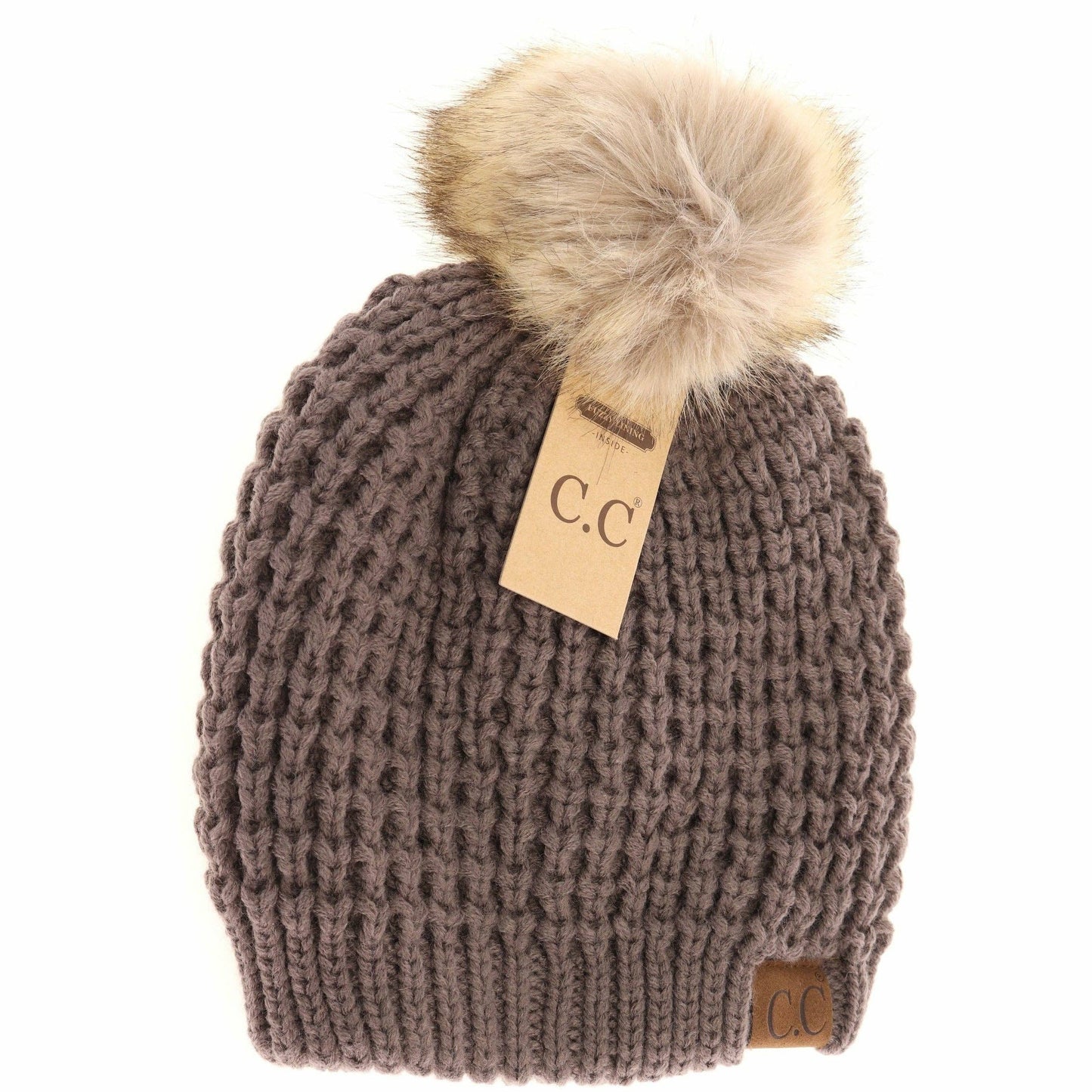 Solid Waffle Stitch Fur Pom C.C Beanie