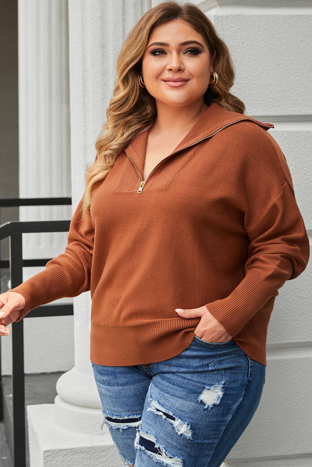 Brown Solid Ribbed Trim Plus Size Zip Collar Sweater