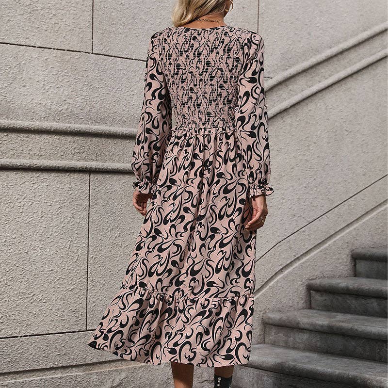 V-neck Long-sleeved Printed Dress