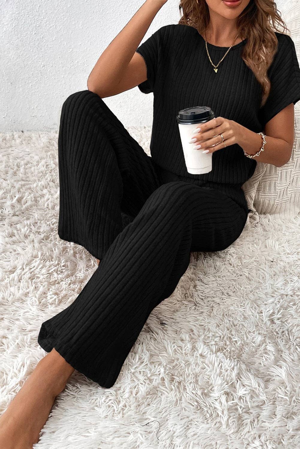 Solid Color Ribbed Short Sleeve Wide Leg Jumpsuit