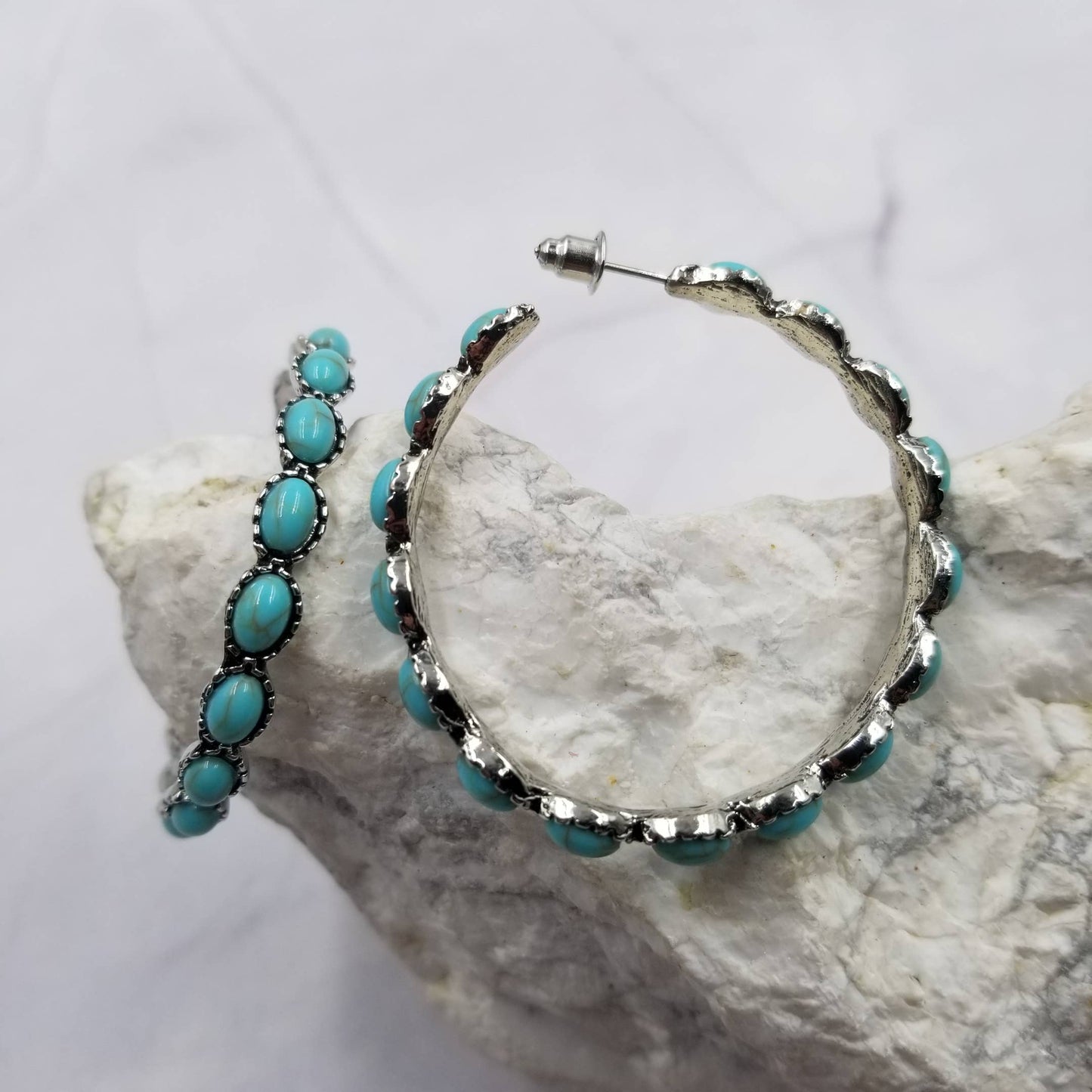 Turquoise Stone Bead Hoop Earrings