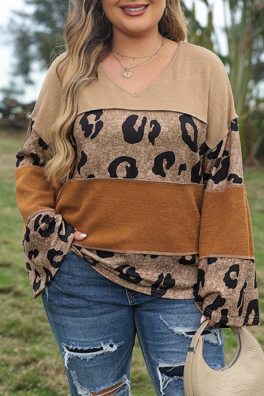 Beige Plus Size Leopard Colorblock Patchwork Wide Sleeve Top