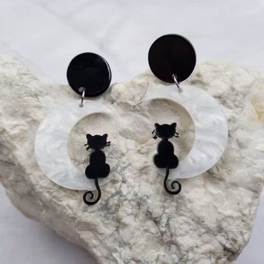 Black Cat on Moon Halloween Earrings