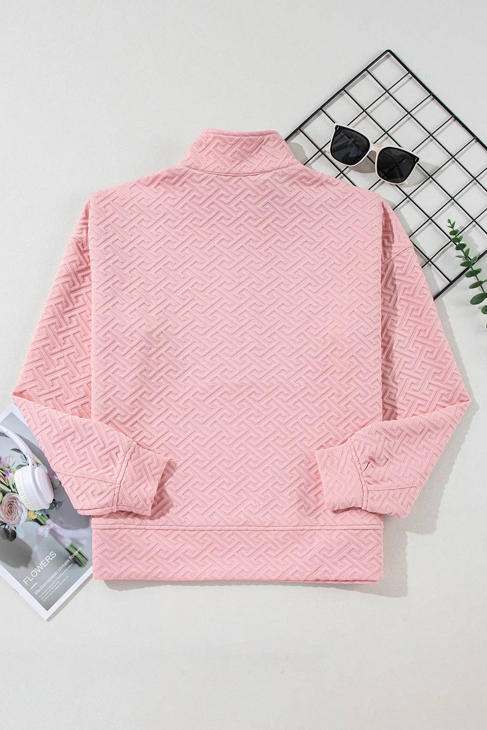 Solid Textured Half Zipper Collared Sweatshirt