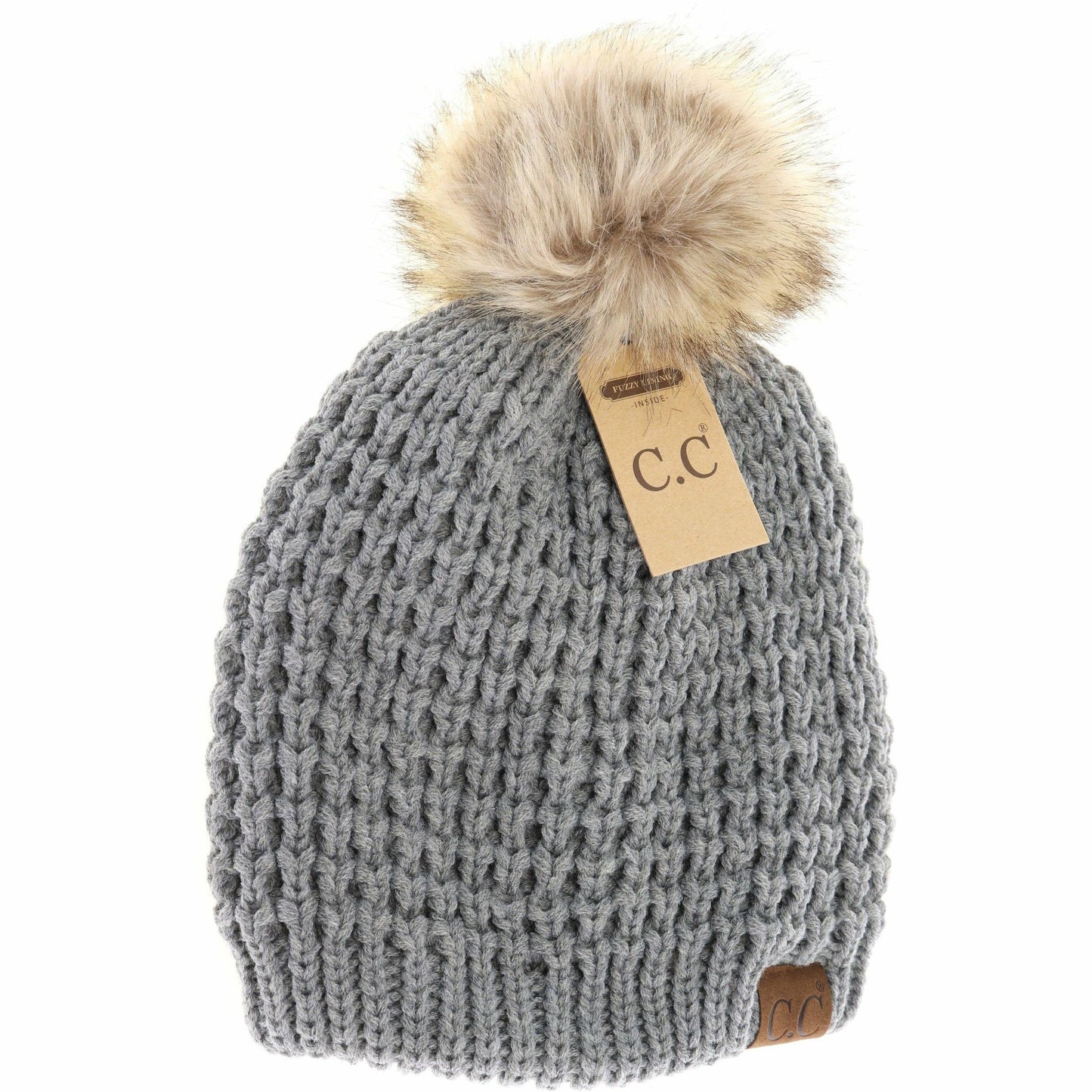 Solid Waffle Stitch Fur Pom C.C Beanie