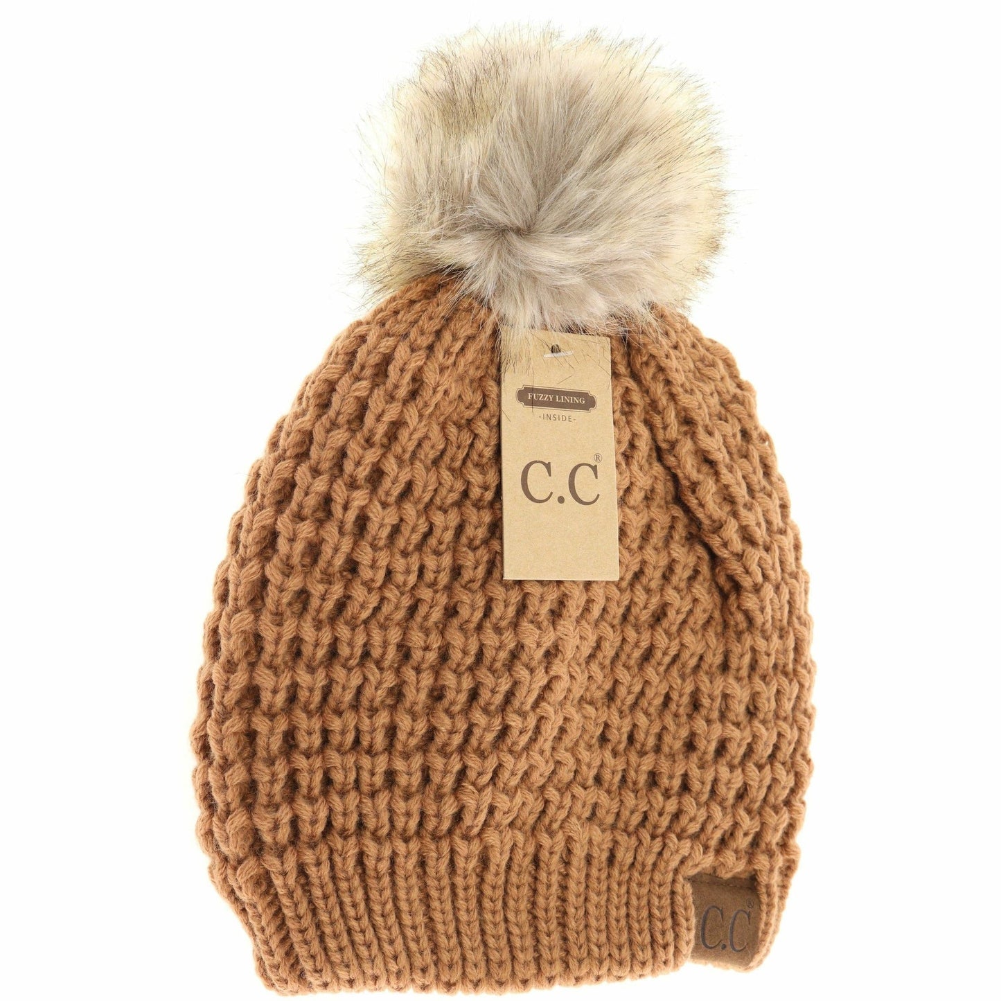 Solid Waffle Stitch Fur Pom C.C Beanie