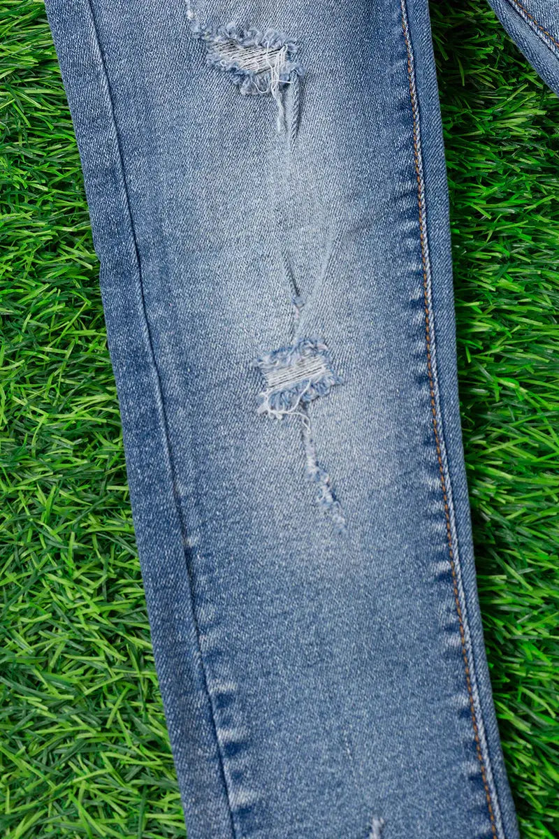 SUPER STRETCHY DARK BLUE SKINNY JEANS W/DISTRESSED HEM.JEANN