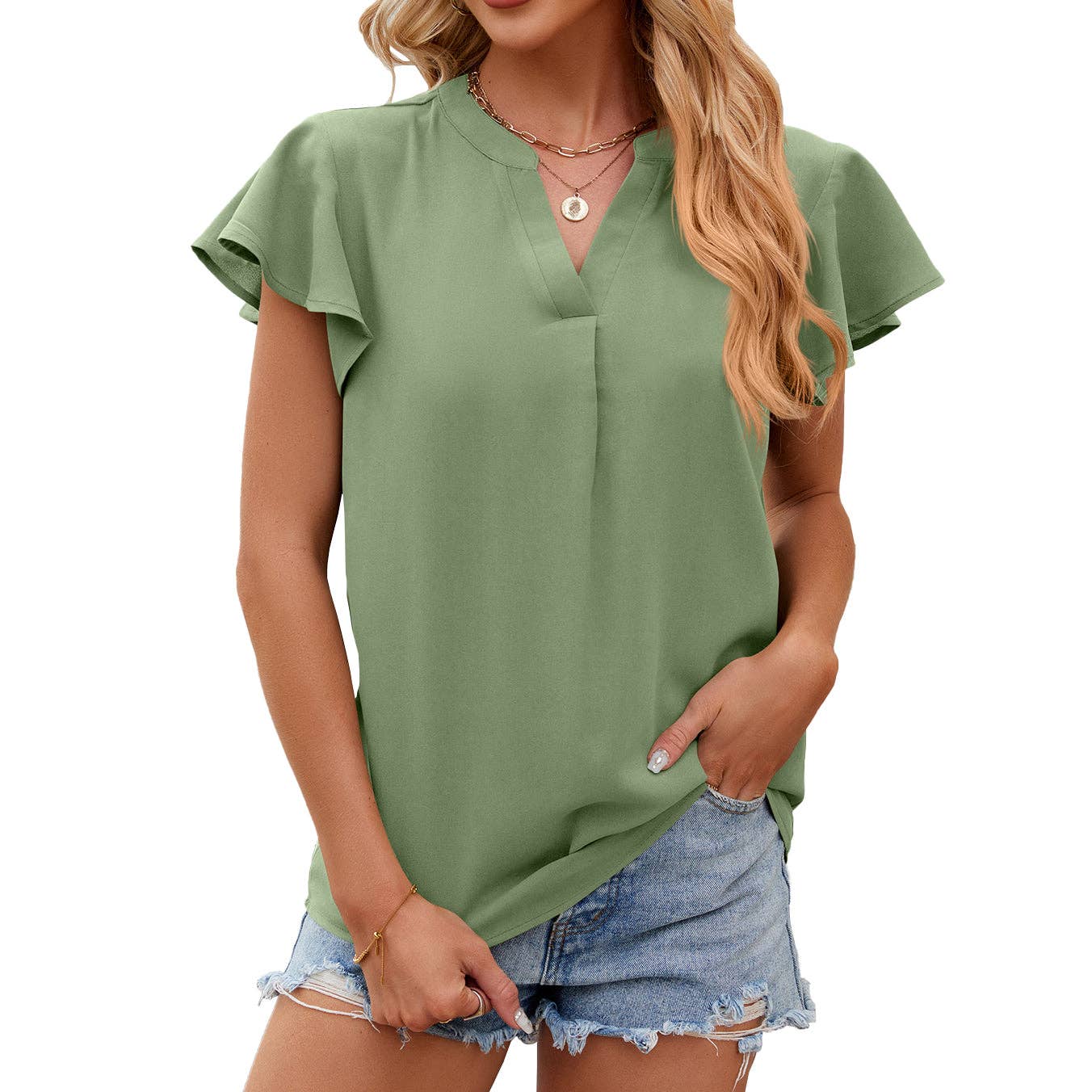 V Neck Short Sleeve Lapel Shirt Top Tunic