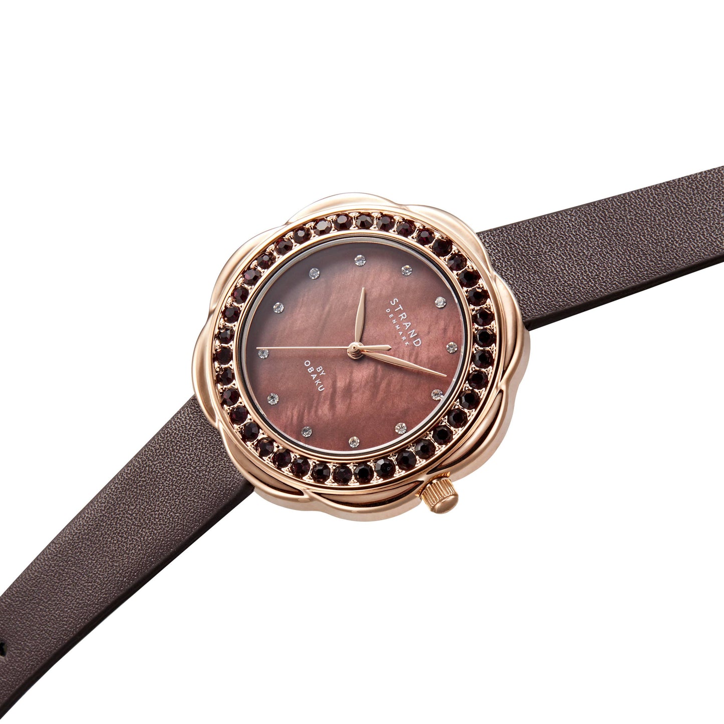 Cosmos - Burgundy crystal lined case brown strap watch