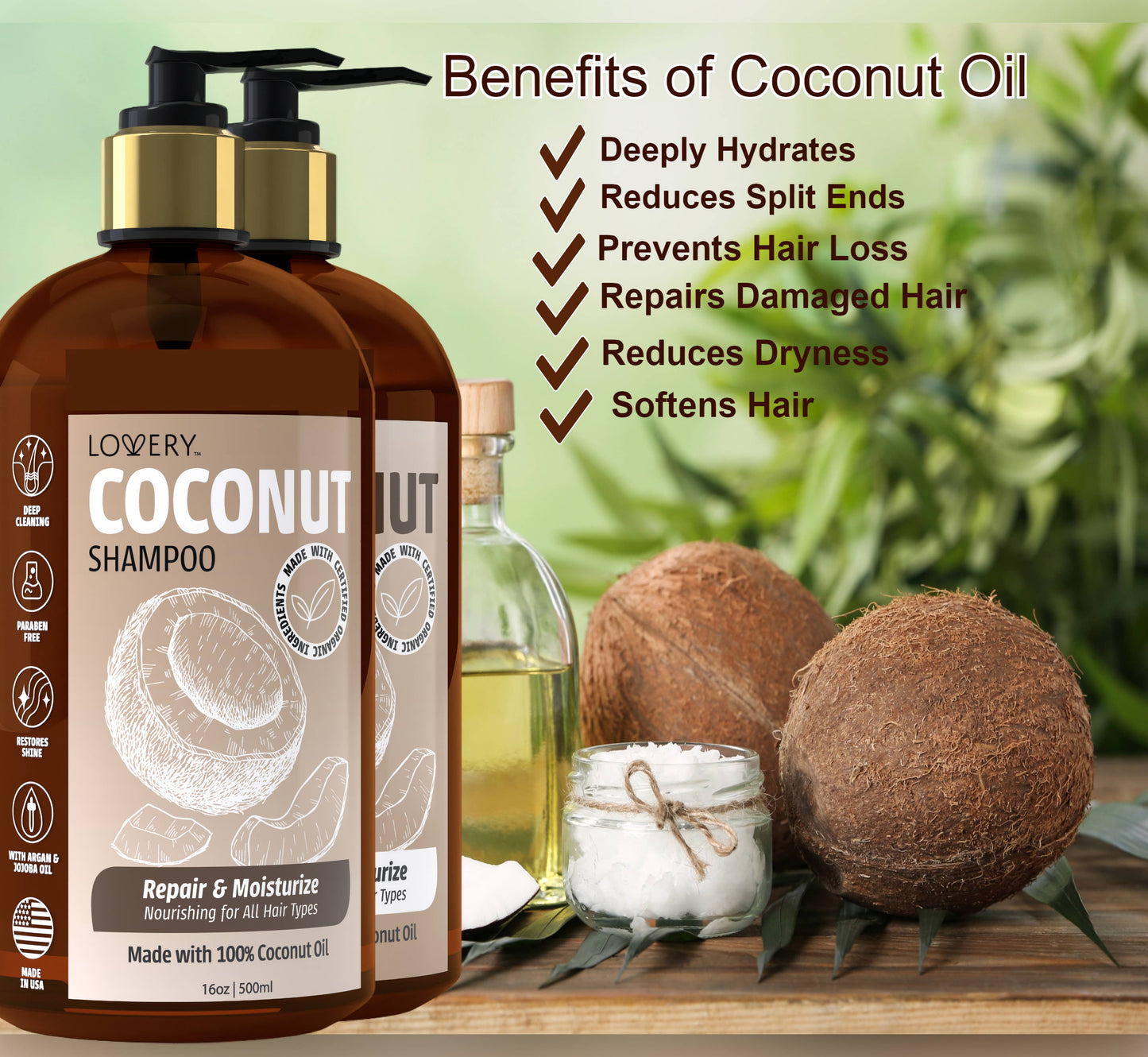 Coconut Shampoo and Conditioner Gift Set, Made in USA, 32 oz