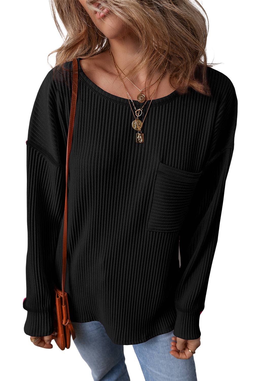 Clearly Aqua Solid Color Corded Drop Shoulder Long Sleeve Top