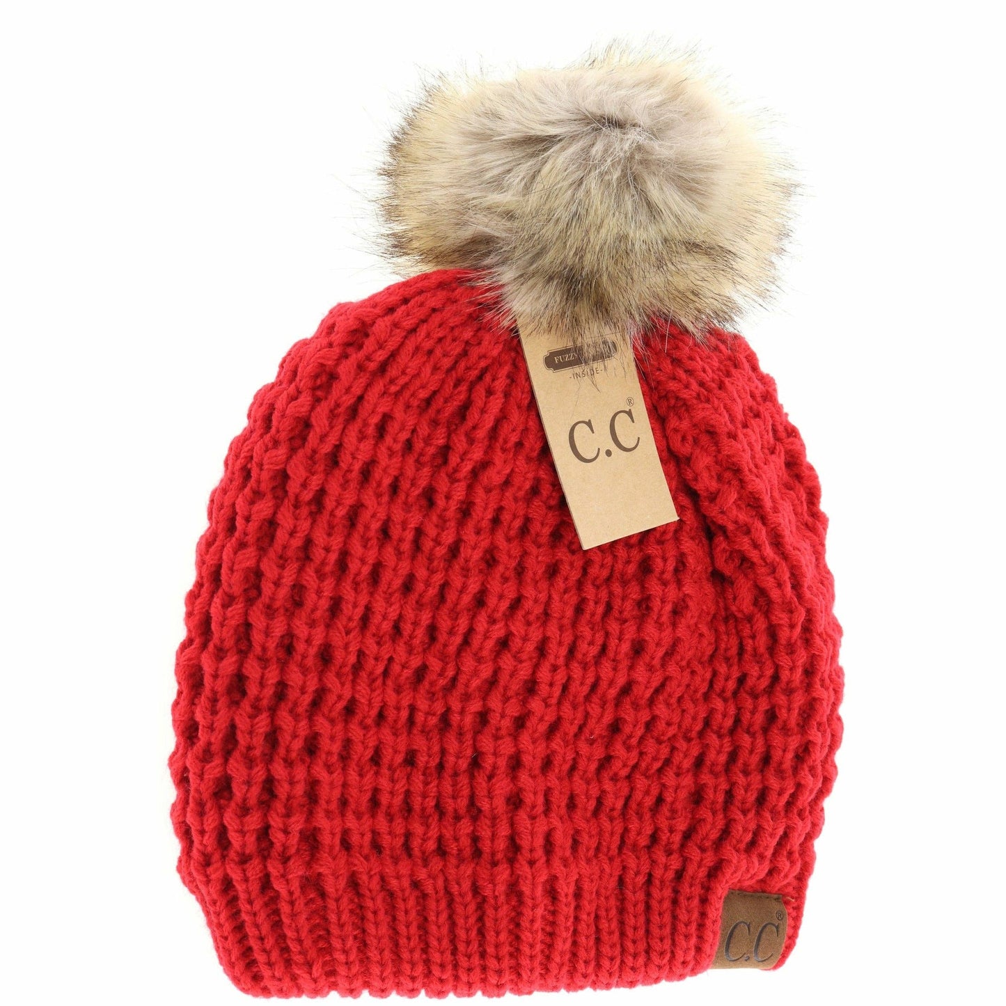 Solid Waffle Stitch Fur Pom C.C Beanie