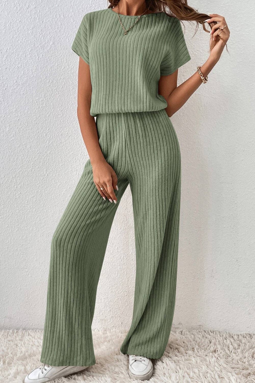 Solid Color Ribbed Short Sleeve Wide Leg Jumpsuit