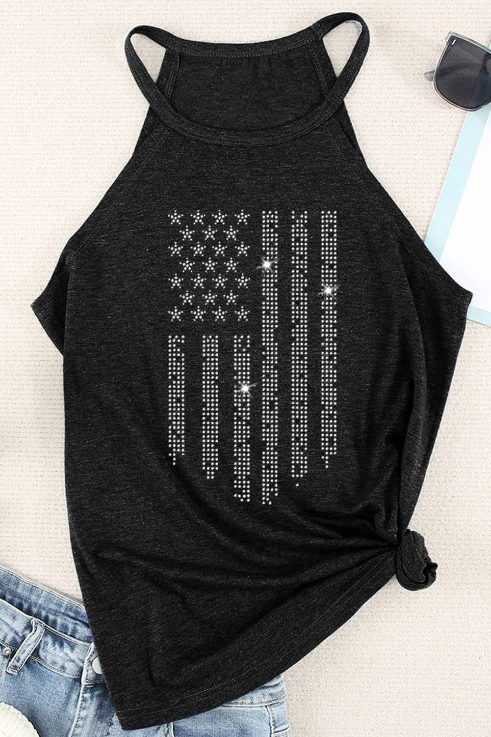 Black Shiny American Flag Printed O Neck Graphic Tank Top