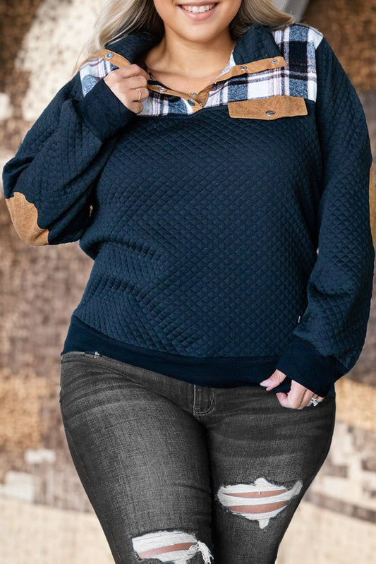 Black Plus Size Quilted Plaid Patch Henley Sweatshirt