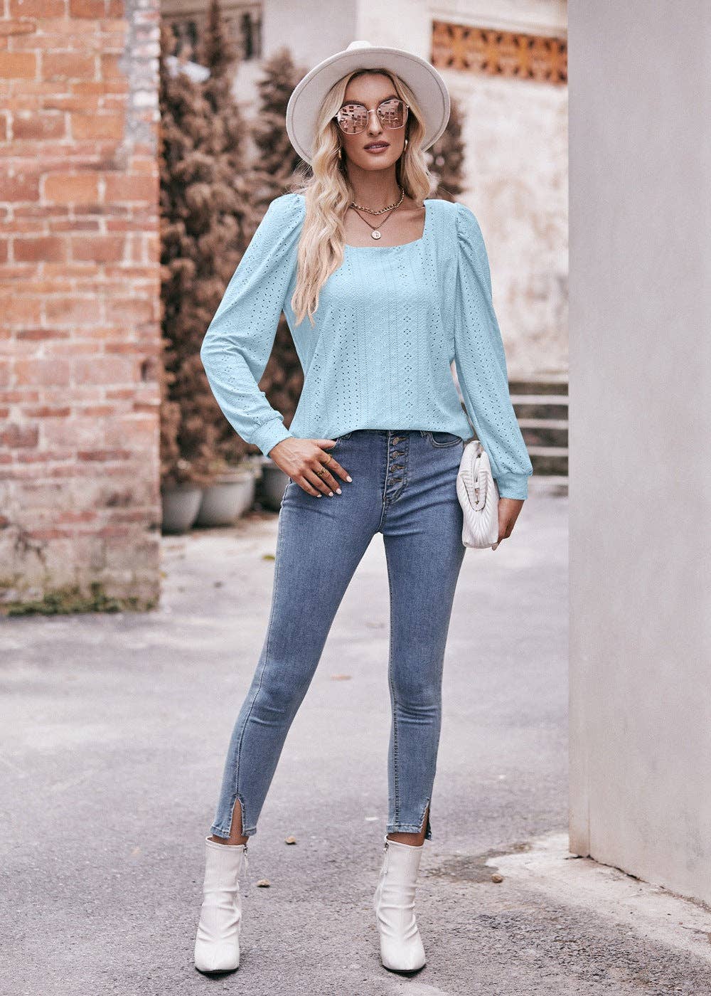 Square Neck T-shirt Hollow Long Sleeve Casual Top