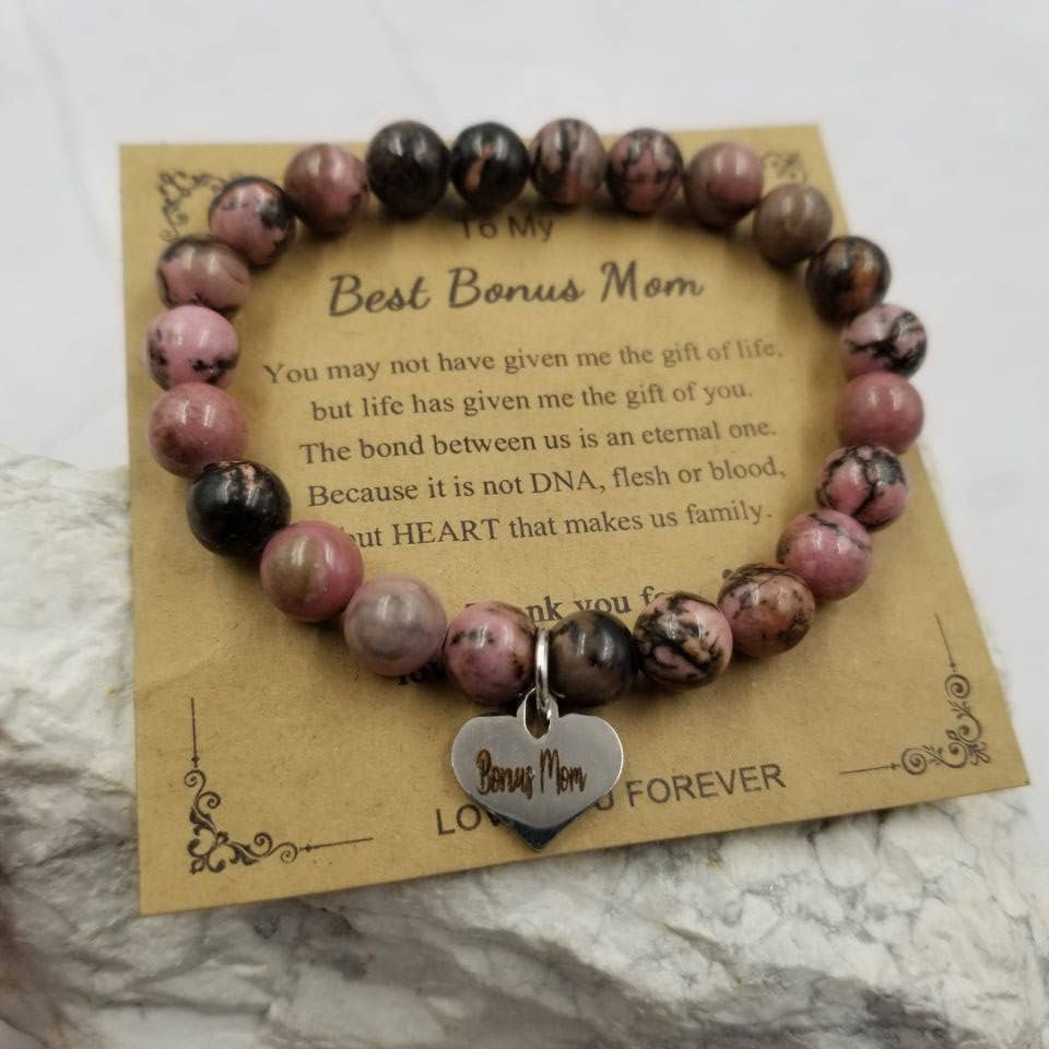 Bonus Mom Heart Charm Stone Strech Bracelets