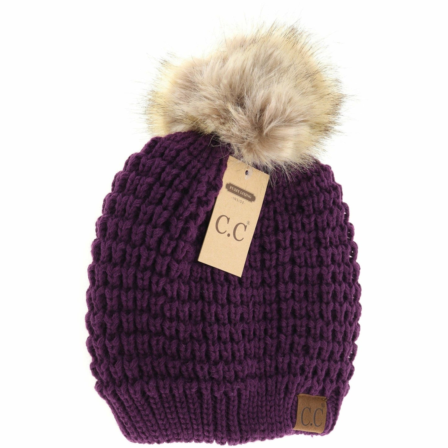 Solid Waffle Stitch Fur Pom C.C Beanie