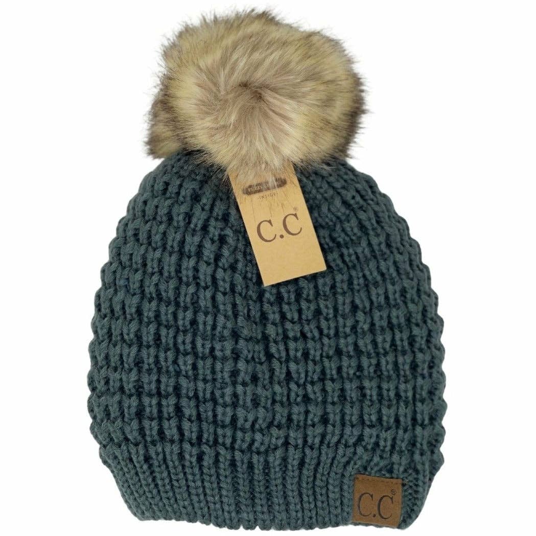 Solid Waffle Stitch Fur Pom C.C Beanie