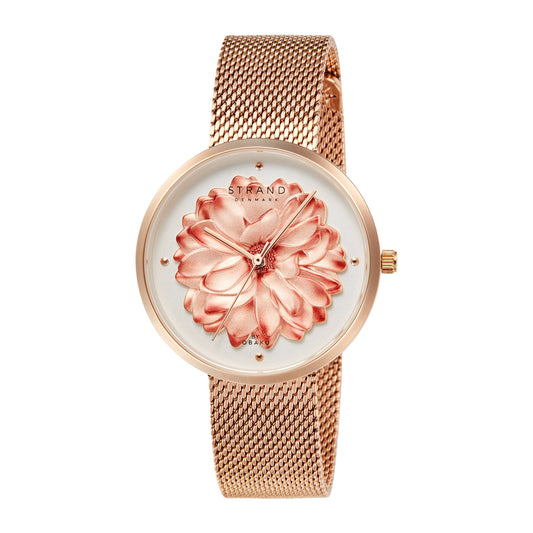 Blossom - Rose gold flower embossed dial mesh watch