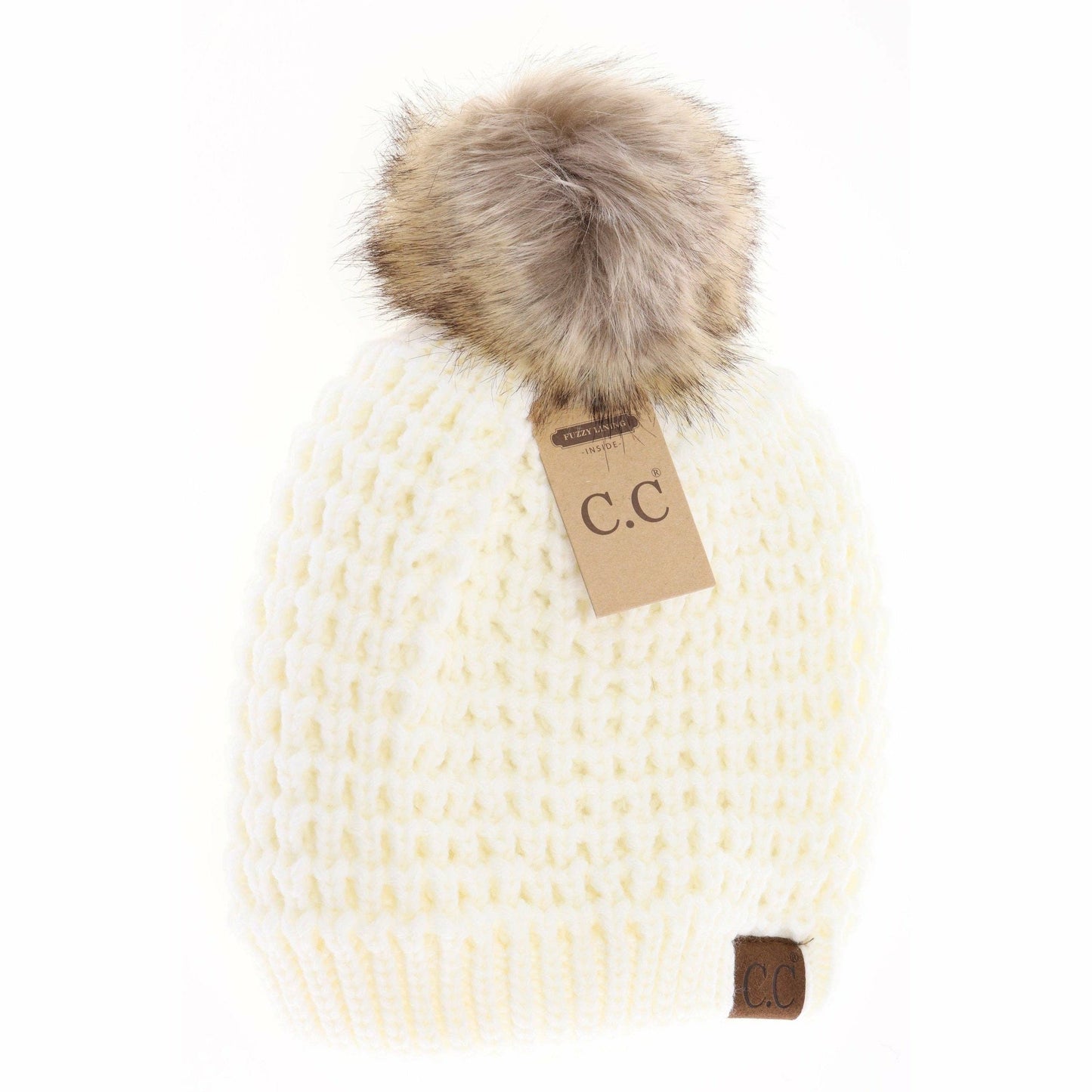 Solid Waffle Stitch Fur Pom C.C Beanie