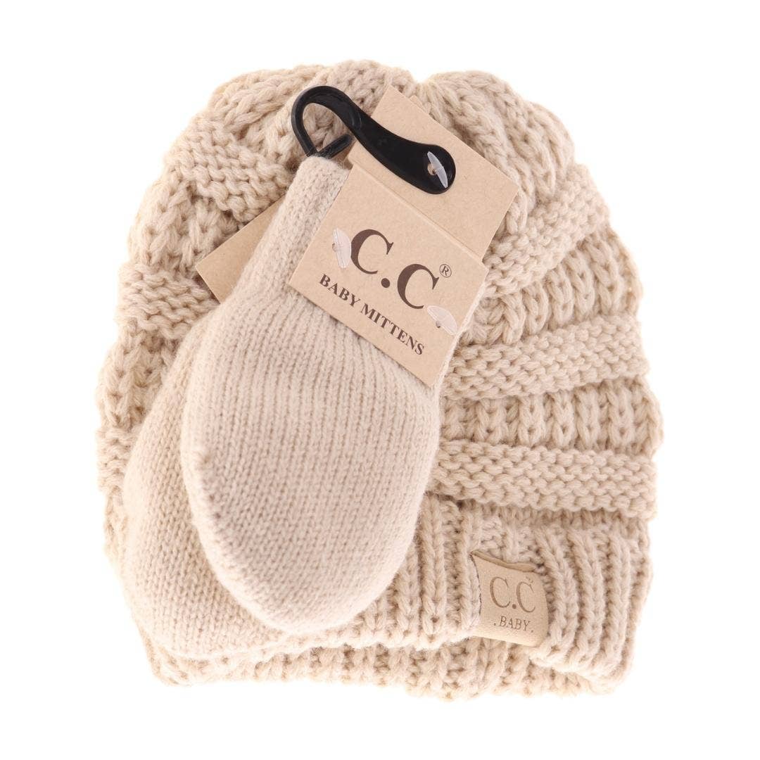 C.C BABY Solid Beanie with Mittens - Knit Hat