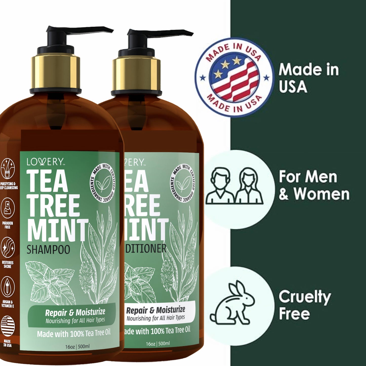 Tea Tree Mint Shampoo and Conditioner Gift Set, Made in USA,