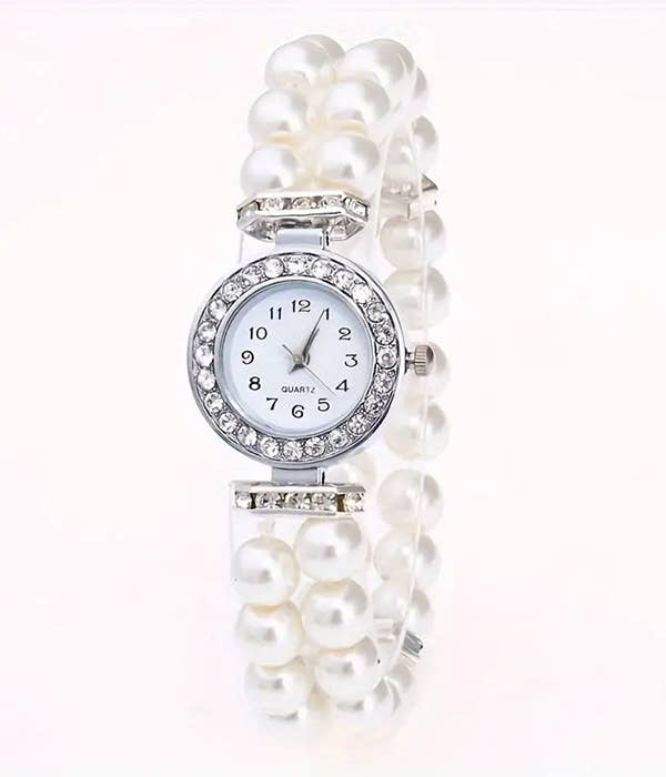 RHINESTONE FACE AND PEARL CHAIN WATCH