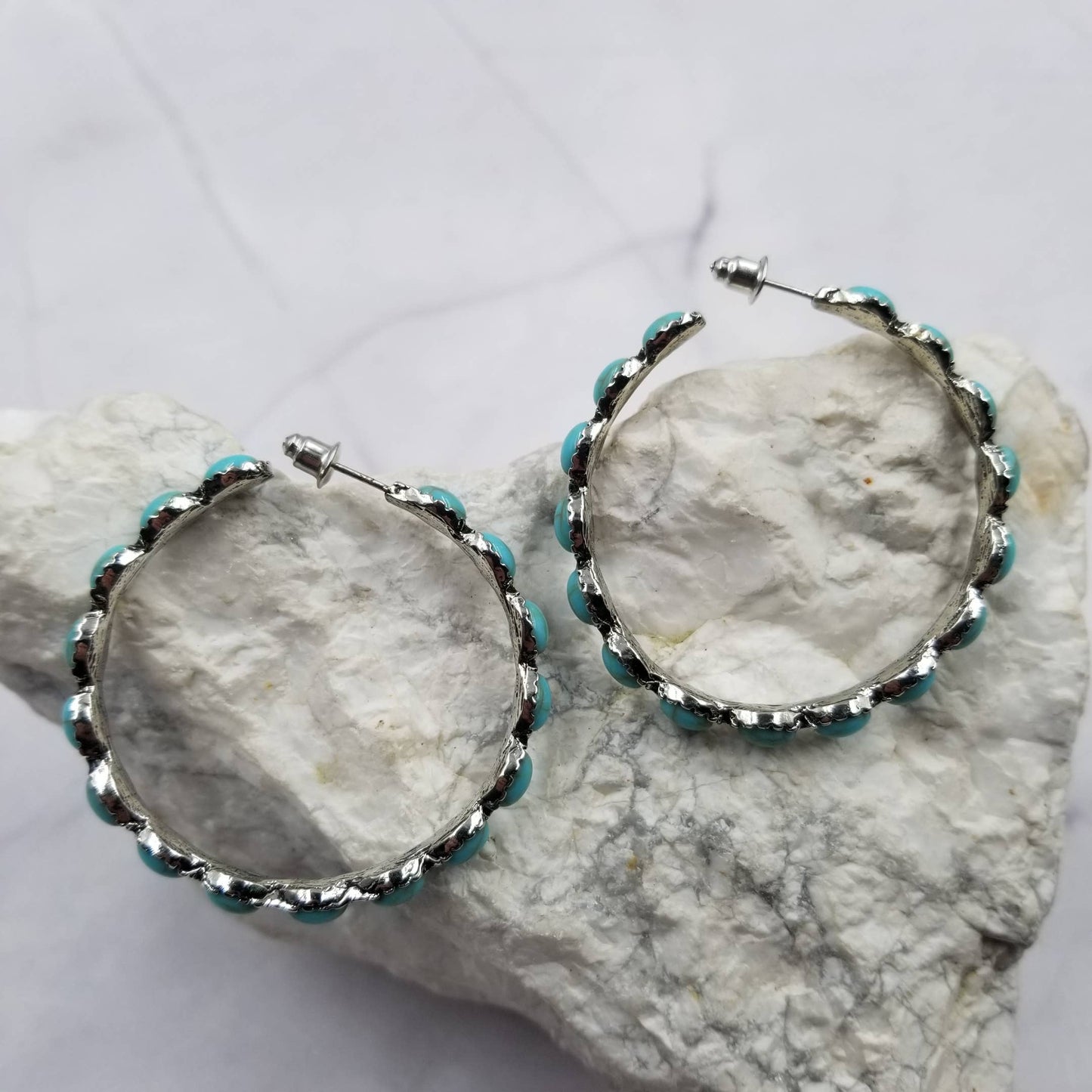 Turquoise Stone Bead Hoop Earrings