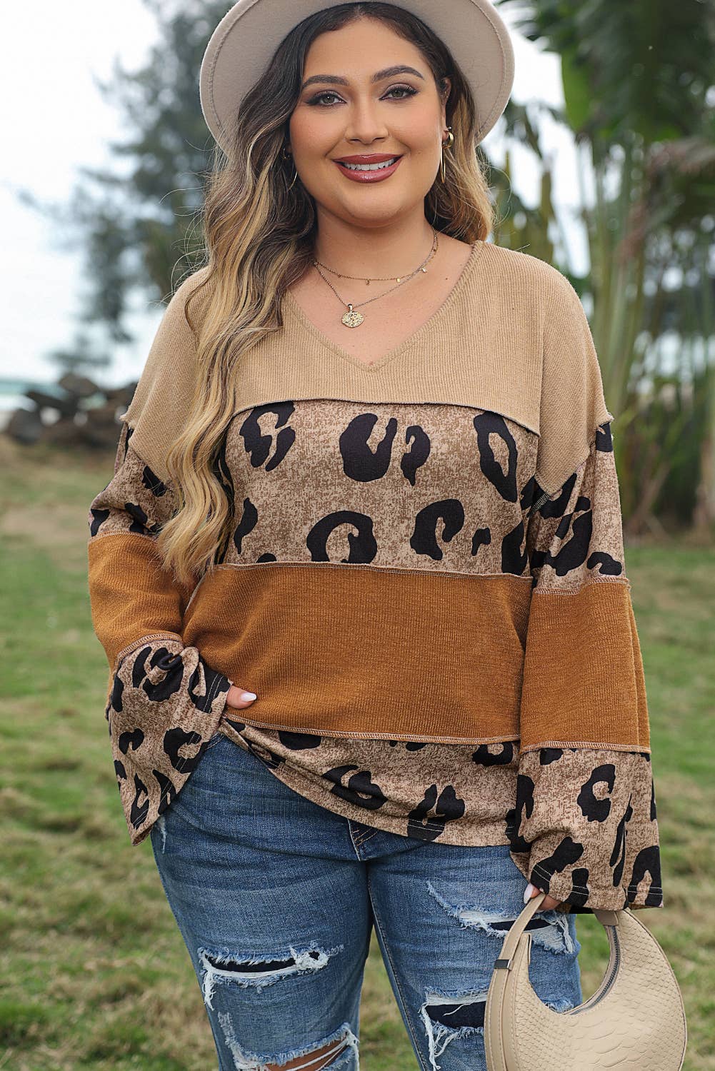 Beige Plus Size Leopard Colorblock Patchwork Wide Sleeve Top