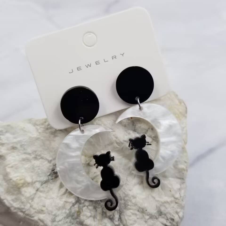 Black Cat on Moon Halloween Earrings