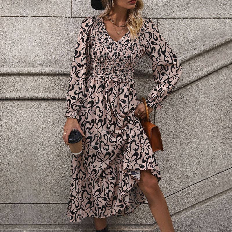 V-neck Long-sleeved Printed Dress