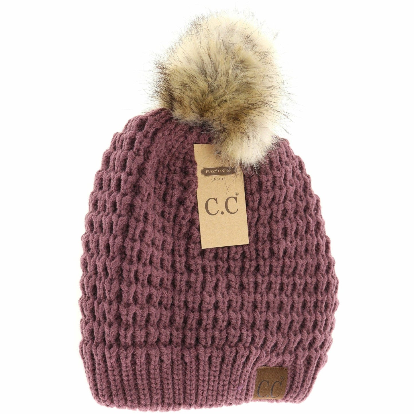 Solid Waffle Stitch Fur Pom C.C Beanie